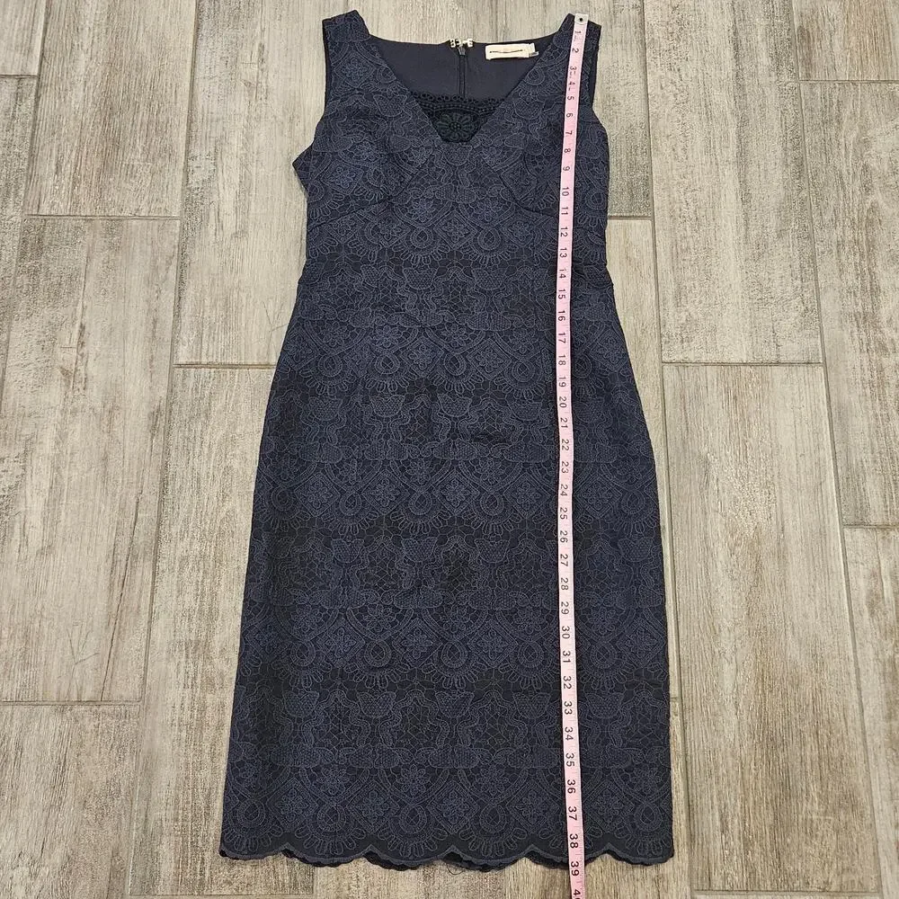 Tory Burch Dress Womens Size 4 Navy Blue Lace Pencil V Neck Strapless Lined Slit